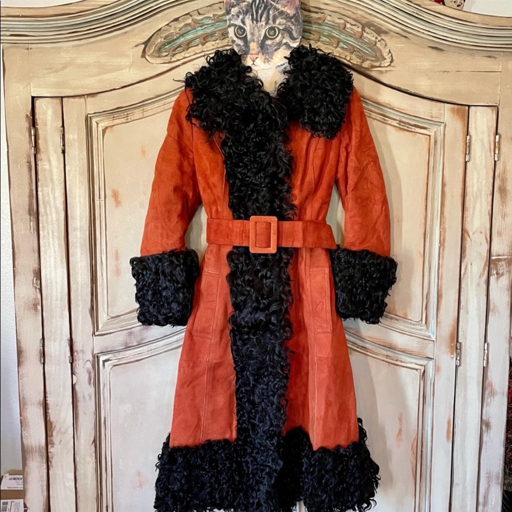 Valentine’s Day Vintage Red Suede Jacket with Black Curly Lamb Hair